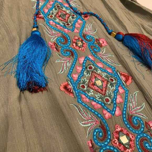 Soft Surroundings L boho loose fit embroidered long sleeves maxi dress tassels - Picture 4 of 9